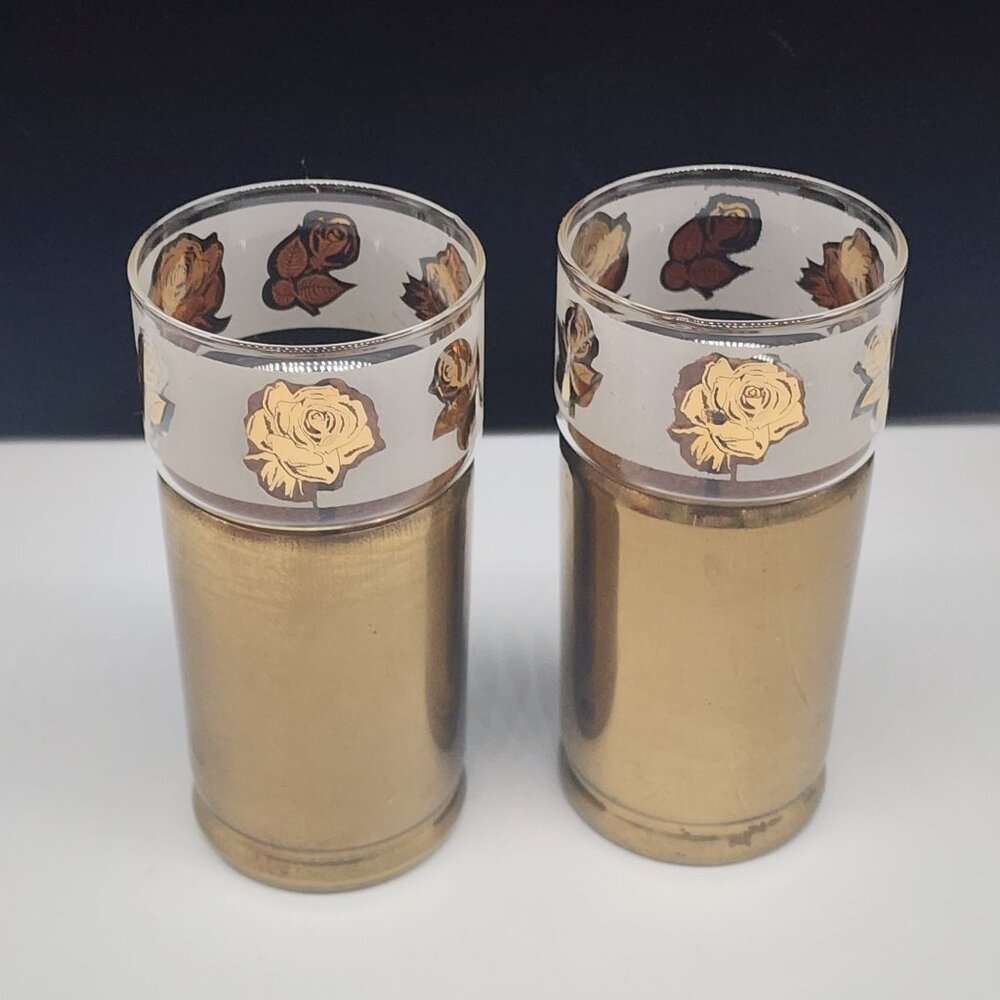 MCM Barware Tumbler Cork Lined Brass Sleeve Pill Shaped Glass Gold Rose Everlast